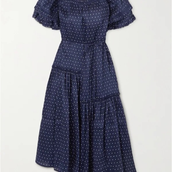 Apiece apart navy polka dot puff sleeve midi dress with tie waist. - Picture 3 of 7